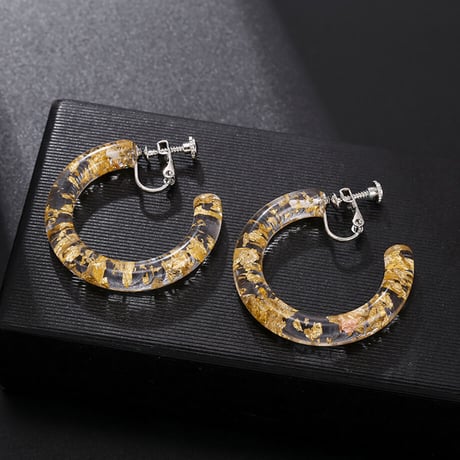 C-Shaped Acrylic Hoop Earrings（Clear / Gold） /  2102_ER052