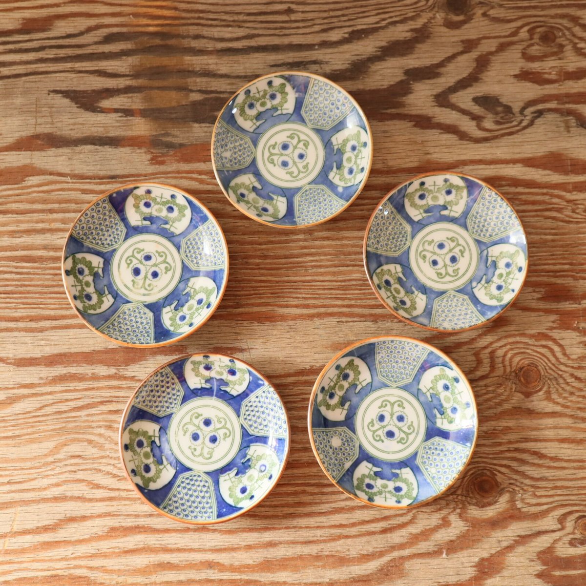 A006【小皿】青緑二色絵 印判染付け 5点 | うつわ屋 KOJI