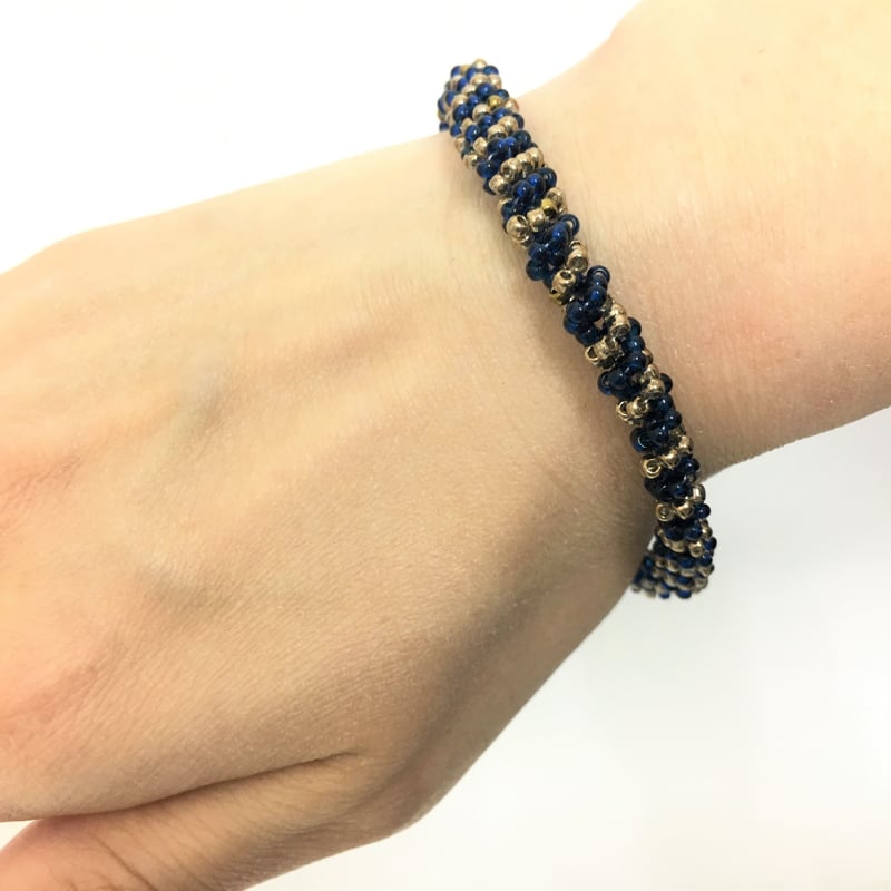 ハンドメイド ビーズ ブレスレット 立体 ネイビー ブロンズ A202