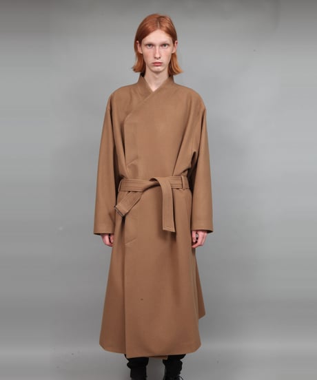 NO COLLAR BELTED COAT/BEIGE