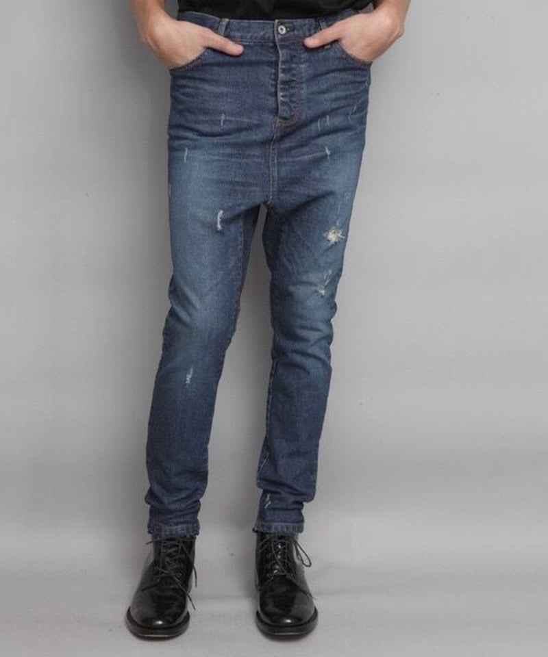 STRETCH DAMAGED DENIM SARROUEL PANTS/NAVY | ato