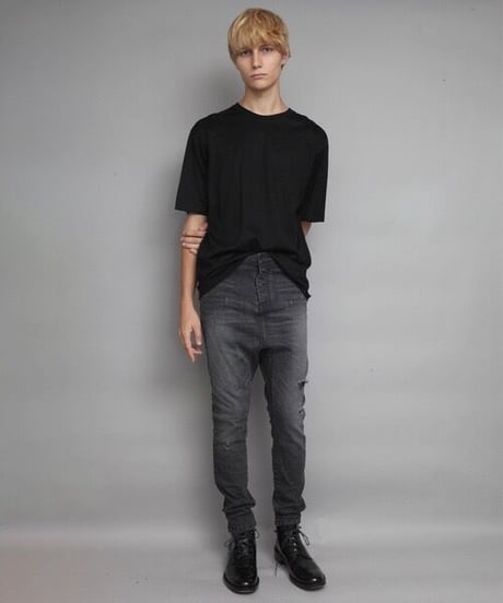 STRETCH DAMAGED DENIM SARROUEL PANTS/BLACK