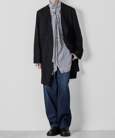 SLUB YARN DOUBLE-BREASTED COAT/BLACK