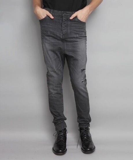 STRETCH DAMAGED DENIM SARROUEL PANTS/BLACK