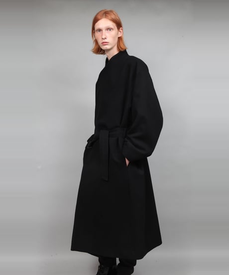 NO COLLAR BELTED COAT/BLACK