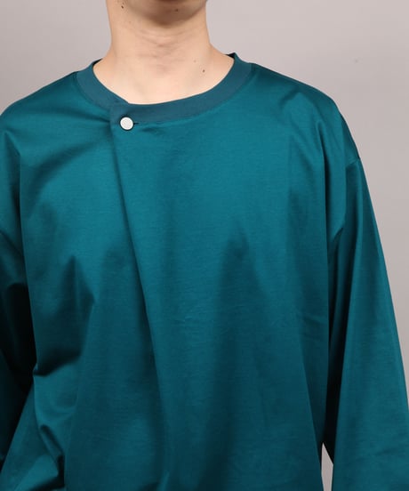 METALCOLOR BUTTON DRAPE LONG SLEEVE T-SHIRT/D.GREEN