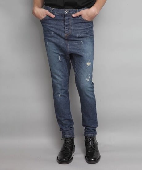 STRETCH DAMAGED DENIM SARROUEL PANTS/NAVY