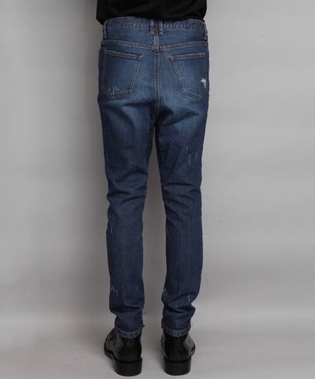 STRETCH DAMAGED DENIM SARROUEL PANTS/NAVY