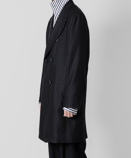 SLUB YARN DOUBLE-BREASTED COAT/BLACK
