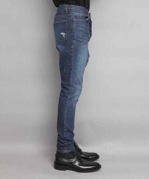STRETCH DAMAGED DENIM SARROUEL PANTS/NAVY | ato