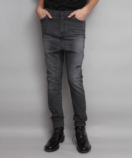 STRETCH DAMAGED DENIM SARROUEL PANTS/BLACK
