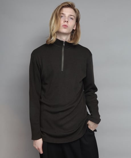WOOL STAND-COOLAR ZIP PULL-OVER/KHAKI
