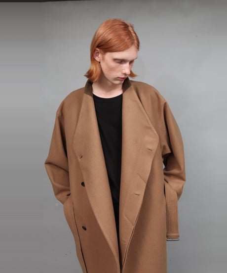 NO COLLAR BELTED COAT/BEIGE