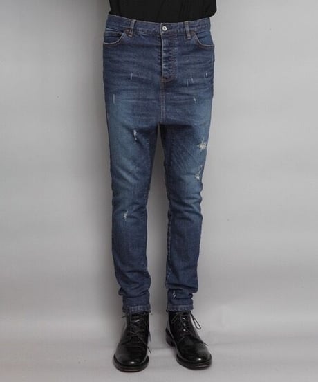 STRETCH DAMAGED DENIM SARROUEL PANTS/NAVY