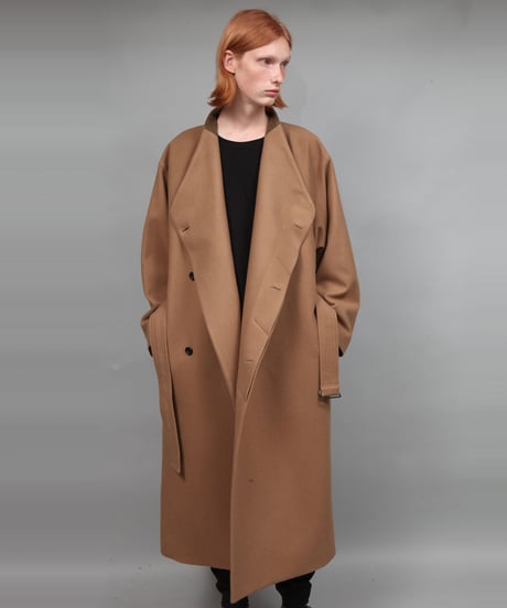 NO COLLAR BELTED COAT/BEIGE