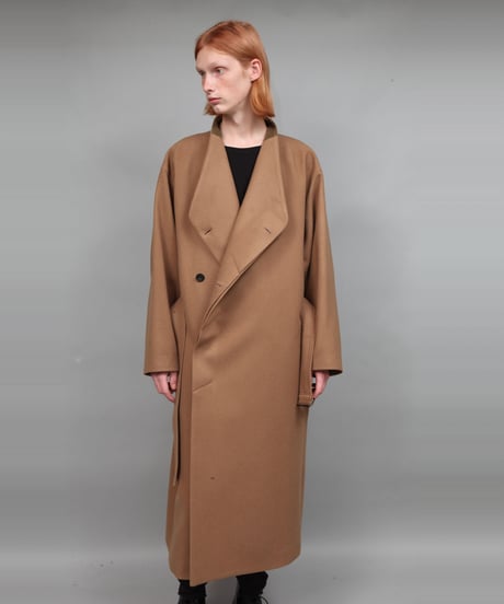 NO COLLAR BELTED COAT/BEIGE