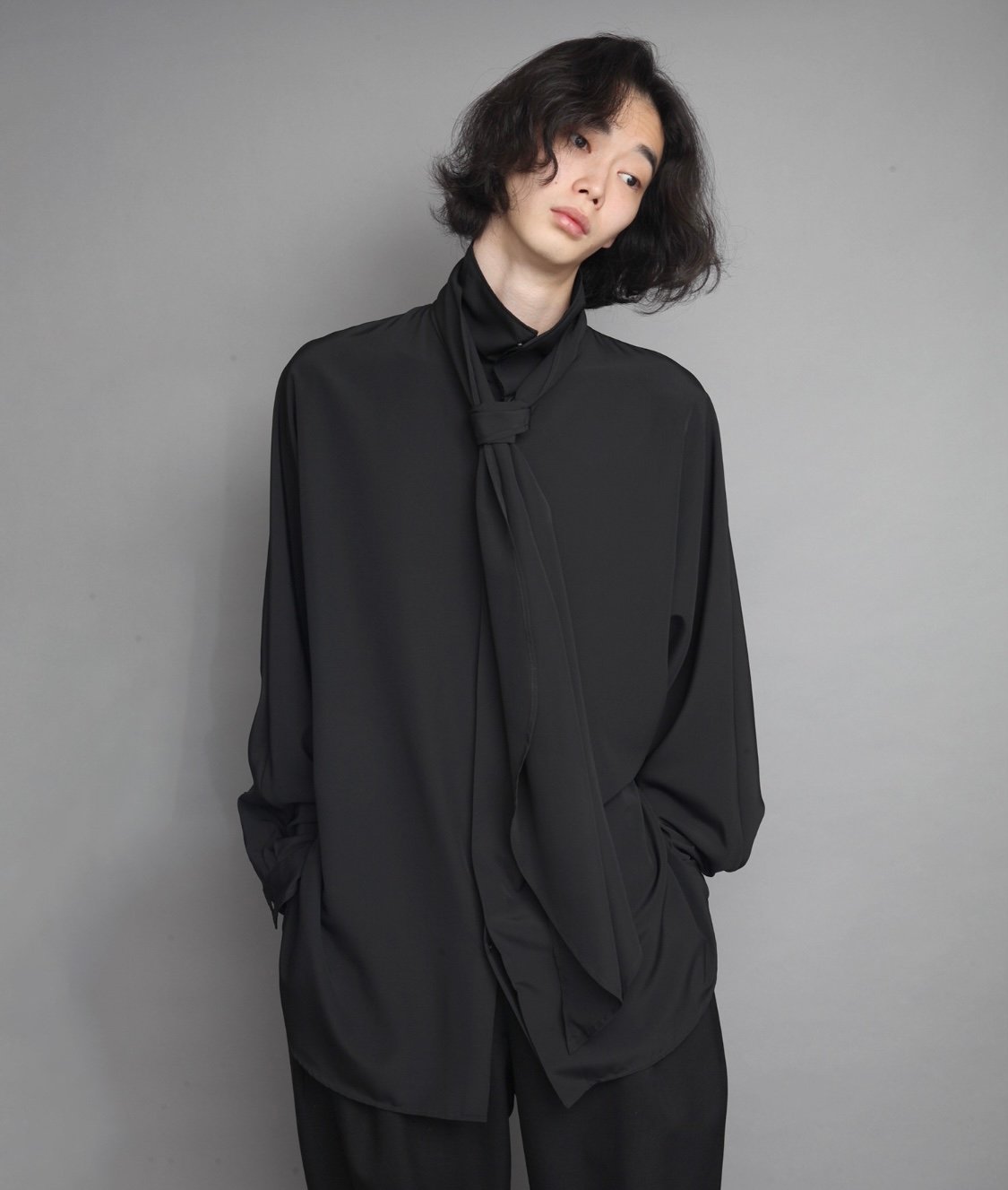 Crepe de Chine SCARF SHIRTS/BLACK | ato AOYAMA