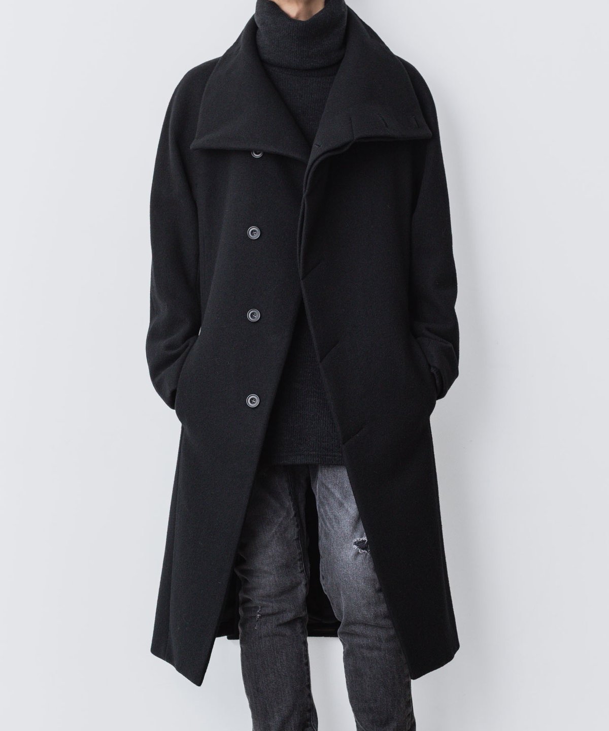 ENGLAND LAMB MELTON STAND COLLAR COAT/BLACK | a