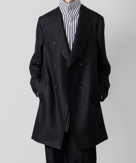 SLUB YARN DOUBLE-BREASTED COAT/BLACK