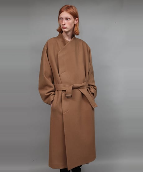 NO COLLAR BELTED COAT/BEIGE