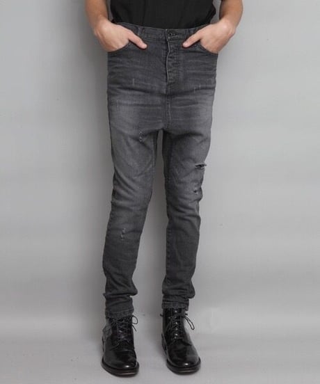STRETCH DAMAGED DENIM SARROUEL PANTS/BLACK