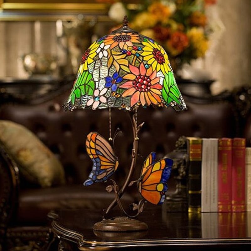 テーブルランプ ステンドグラス 高級 蝶 花 カラフル アンティーク