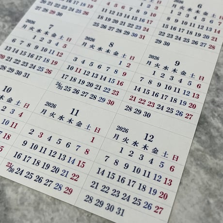ミニチュアカレンダーシール2026（月曜日始まり・はがせるシール）350円