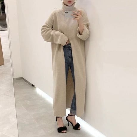 スリット入り ハイネック ロングニット