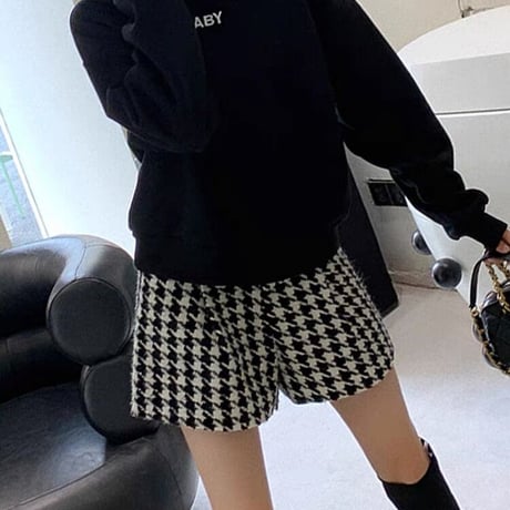 【即納あり】千鳥柄 high-waist short pants