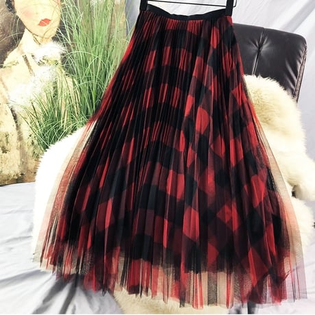 check chiffon skirt
