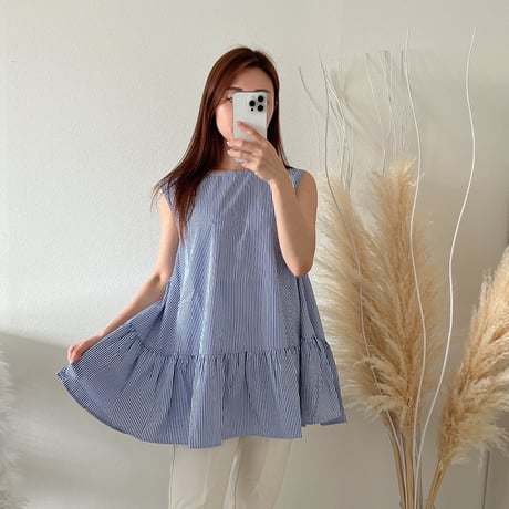 即納　stripe peplum tops