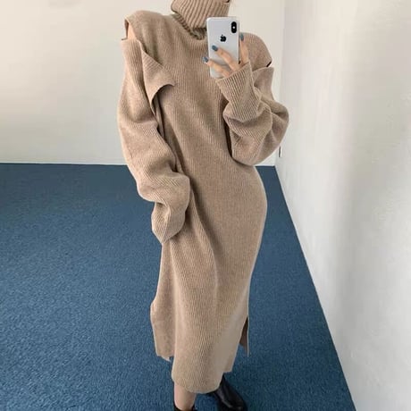 タートルネック 肩出し ニットワンピース