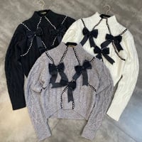 パール付き リボンニット