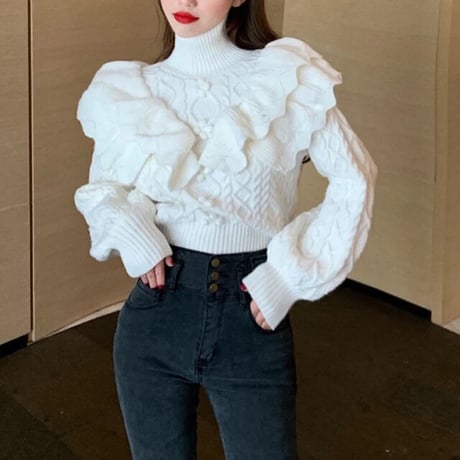 【即納】highneck frill  knit