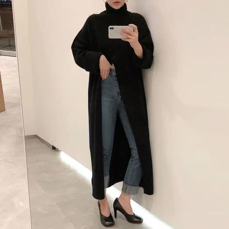 スリット入り ハイネック ロングニット