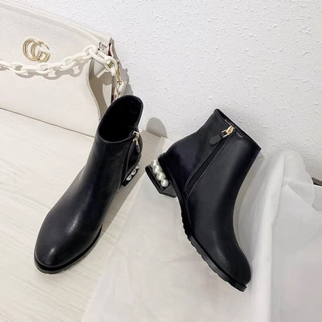 【即納あり】pearl heel short boots