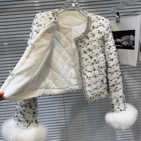 sleeve fur tweed jacket