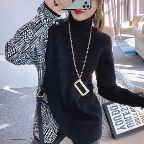 チェック柄 パッチワーク ニット