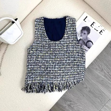 sleeveless fringe tweed tops