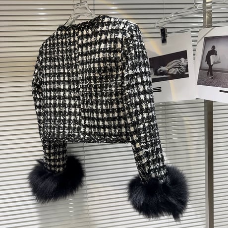 sleeve fur tweed jacket