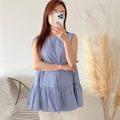 即納　stripe peplum tops