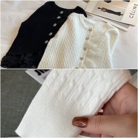 フラワーボタン レース切り替えカーディガン