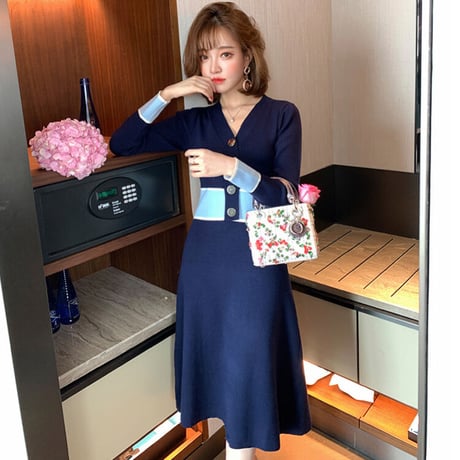 カラーライン ニット ワンピース