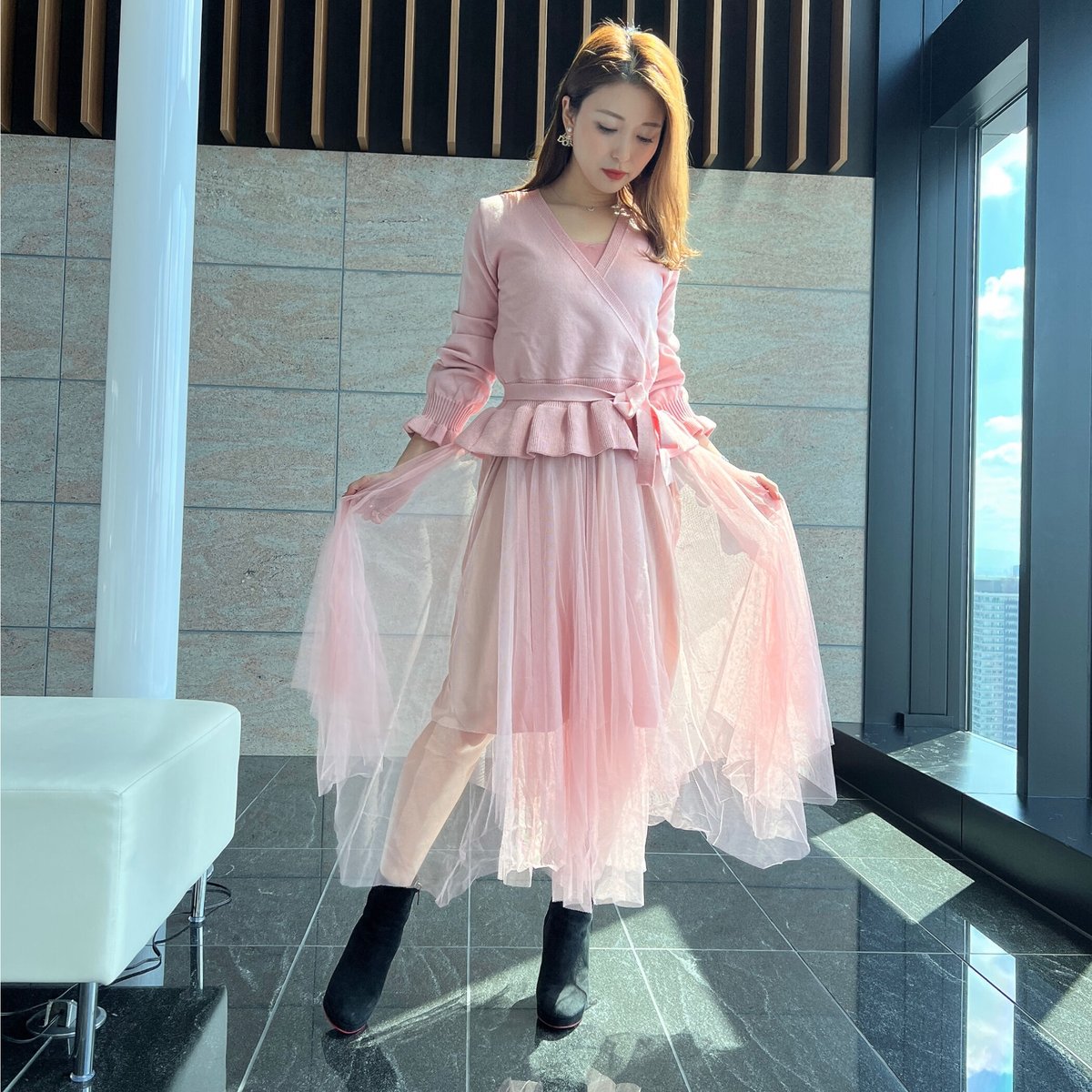 即納】peplum knit tulle onepiece | BrillantSelect