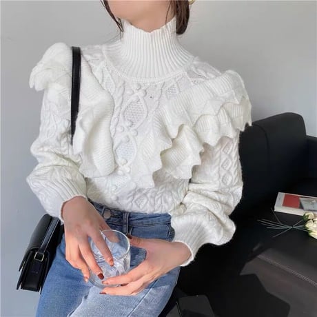 【即納】highneck frill  knit