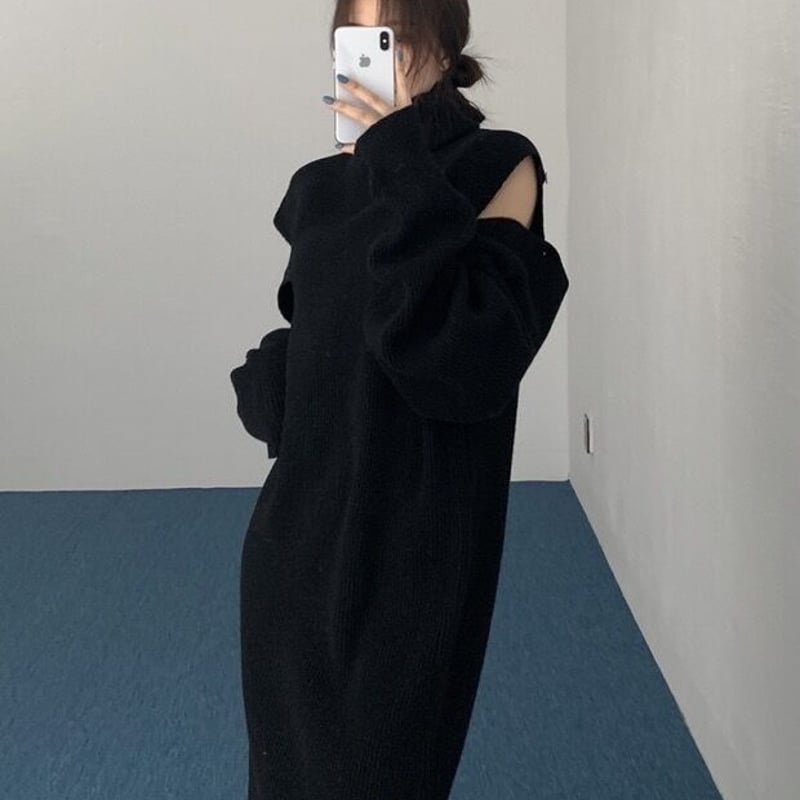 美品✨Curensology　タートルネックニットワンピース　ブラック タートルネック上質ウール混ニットワンピース ワンピース