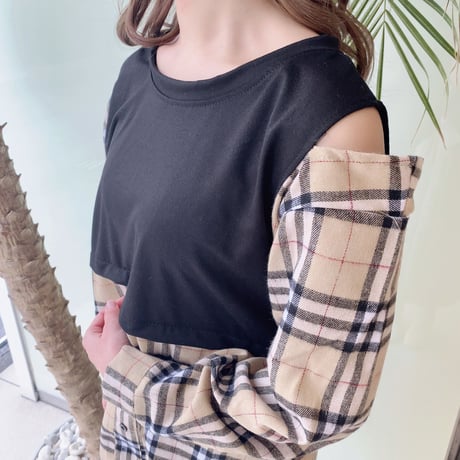 肩あきチェック柄シャツ