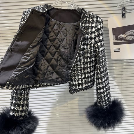 sleeve fur tweed jacket