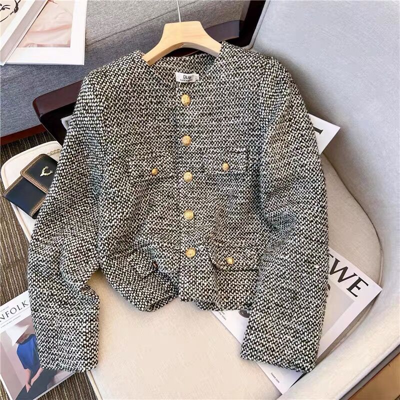 shéller gold button check tweed jacket gold button check tweed jacket – shéller / シェリエ