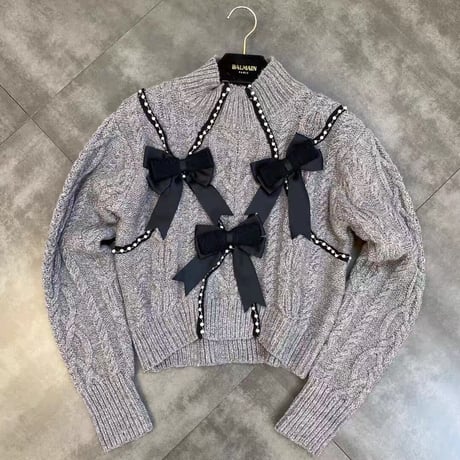 パール付き リボンニット